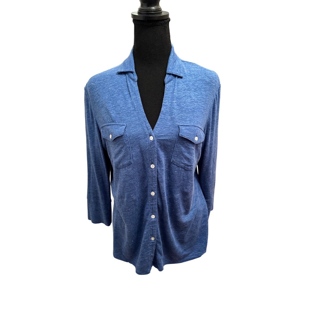 J.McLaughlin Womens Blue Linen Blend Button Front Knit Top Size M 3/4 Sleeve